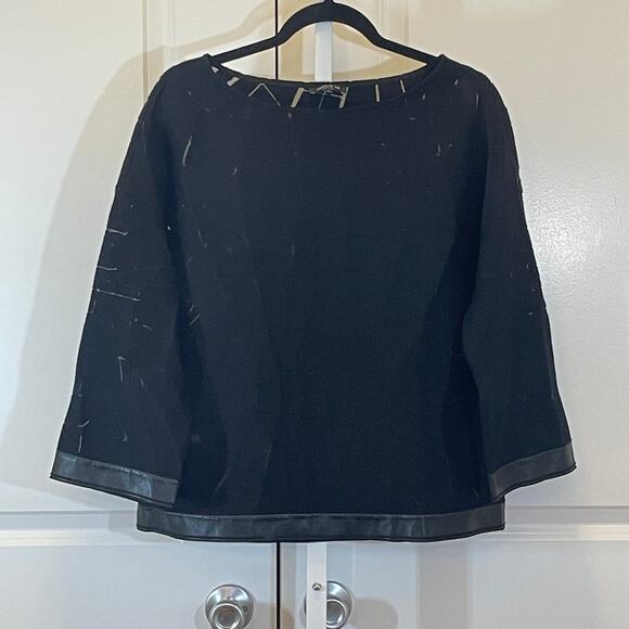 Lafayette 148 Cutout and Faux Leather Trim Sweater - Women Size M - Black - Picture 1 of 6